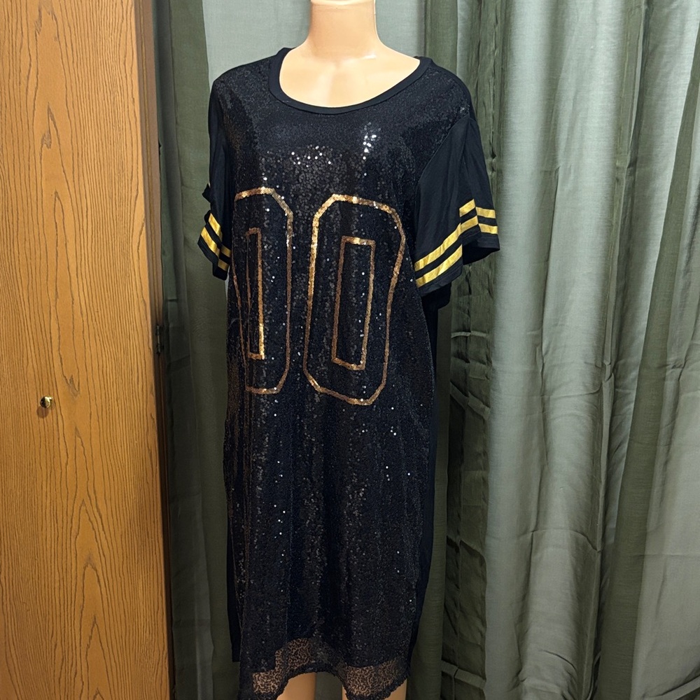 Black Sequin Jersey Dress with Gold Accents